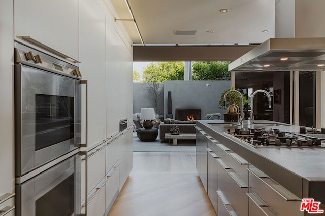 kitchen featuring light hardwood / wood-style floors, sink, island exhaust hood, white cabinetry, and appliances with stainless steel finishes