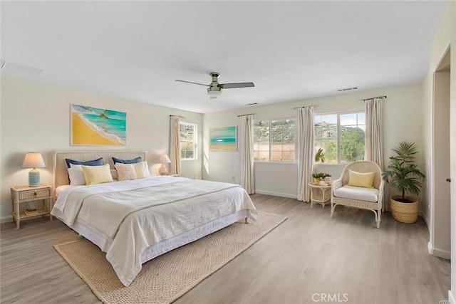 bedroom featuring ceiling fan and light wood-type flooring