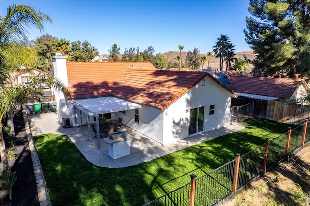 rear view of house with exterior kitchen, a patio area, and a lawn