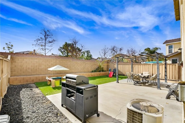 view of patio featuring central air condition unit and area for grilling