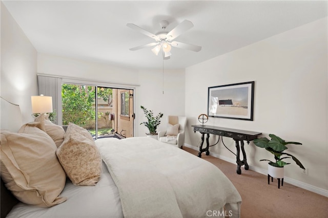 bedroom with access to outside, ceiling fan, and light carpet