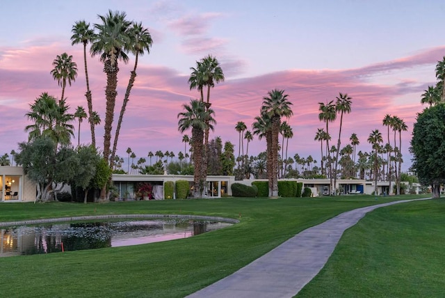 view of community featuring a lawn and a water view