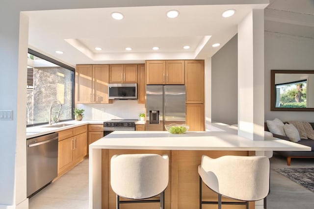 kitchen with appliances with stainless steel finishes, tasteful backsplash, sink, a kitchen breakfast bar, and a raised ceiling