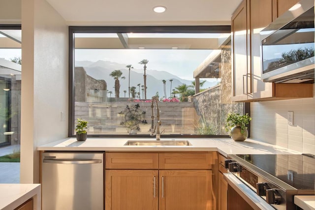 kitchen with appliances with stainless steel finishes, sink, and a mountain view