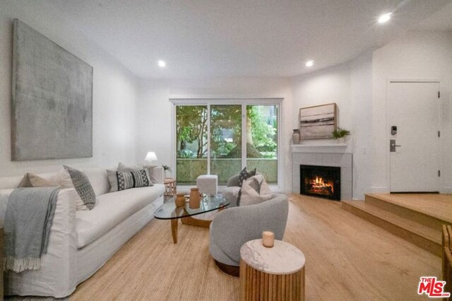 living room featuring wood-type flooring and a tile fireplace