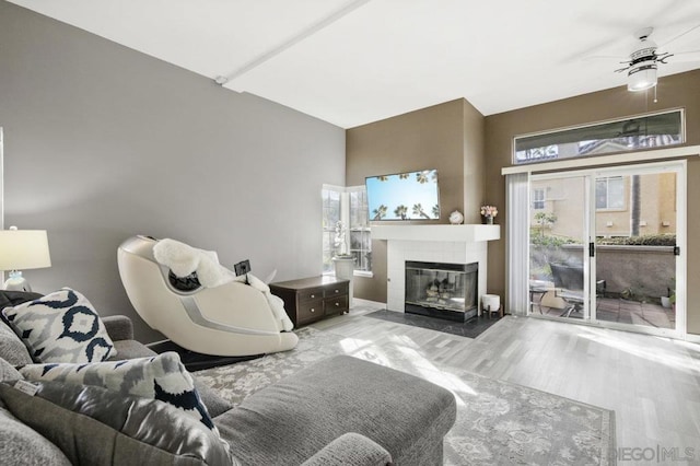 living room with ceiling fan and hardwood / wood-style floors