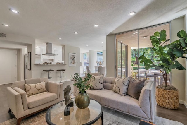 living room featuring hardwood / wood-style floors and a textured ceiling