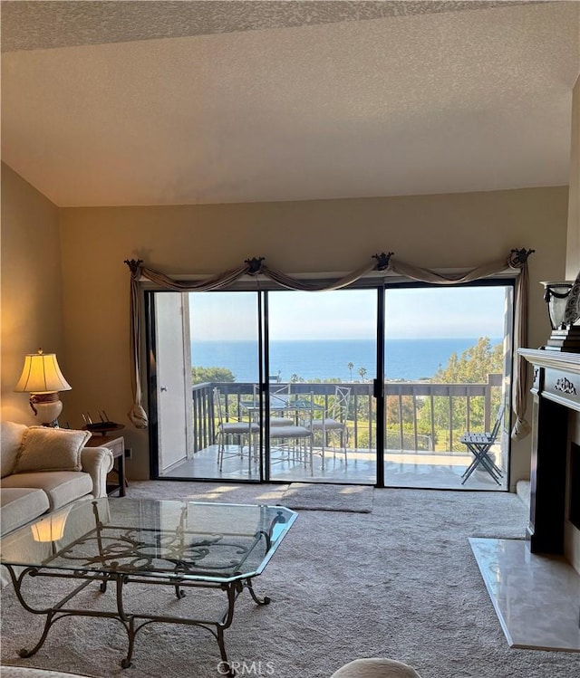 living room with a textured ceiling, a healthy amount of sunlight, a water view, and carpet flooring