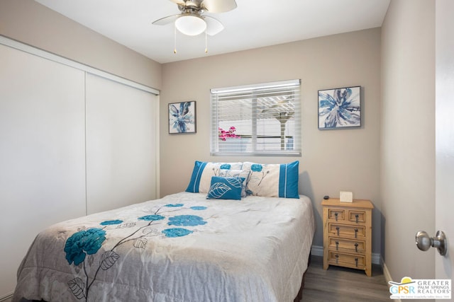 bedroom with dark hardwood / wood-style flooring, a closet, and ceiling fan