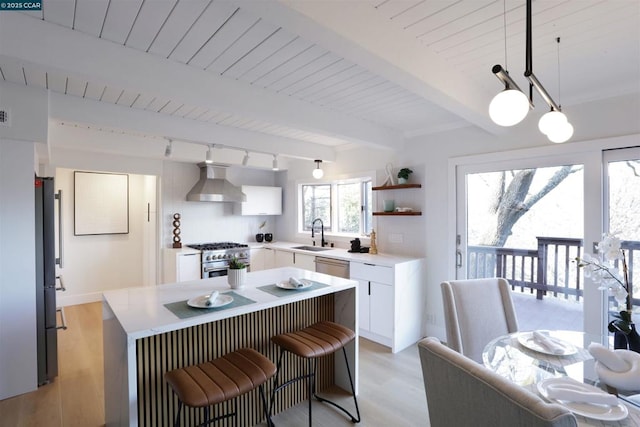 kitchen with decorative light fixtures, wall chimney range hood, beamed ceiling, white cabinetry, and appliances with stainless steel finishes