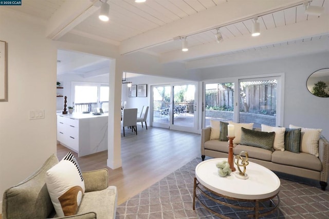 living room featuring wood ceiling, beam ceiling, wood-type flooring, and rail lighting