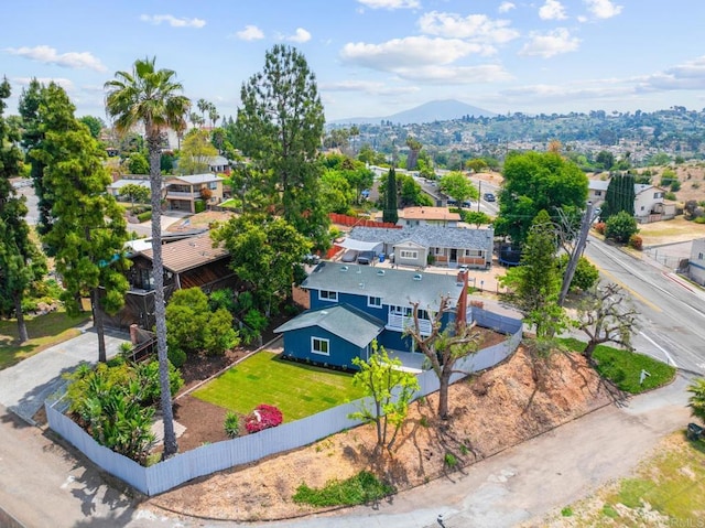 drone / aerial view featuring a mountain view