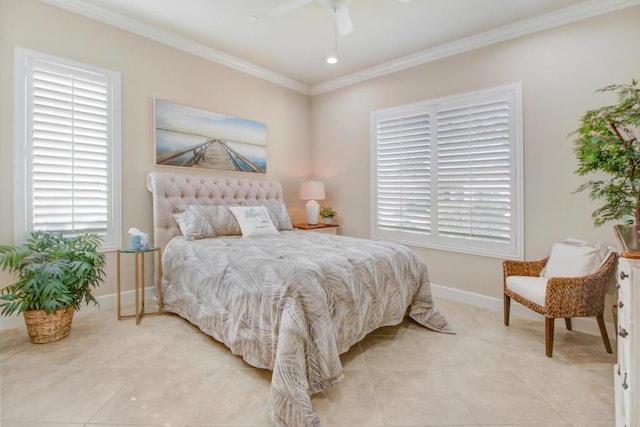 bedroom with light tile patterned floors, crown molding, and ceiling fan