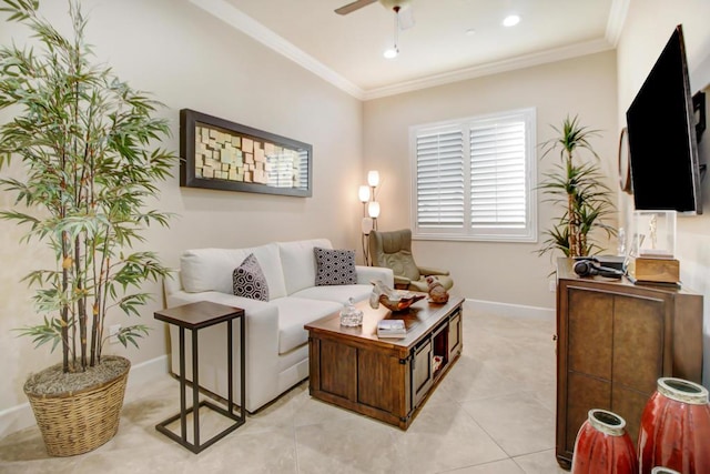 tiled living room with ornamental molding and ceiling fan