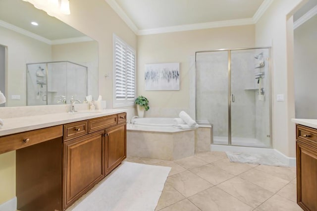 bathroom with vanity, separate shower and tub, ornamental molding, and tile patterned floors