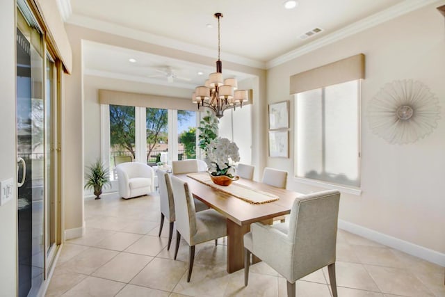 dining space featuring light tile patterned floors, ceiling fan with notable chandelier, and ornamental molding