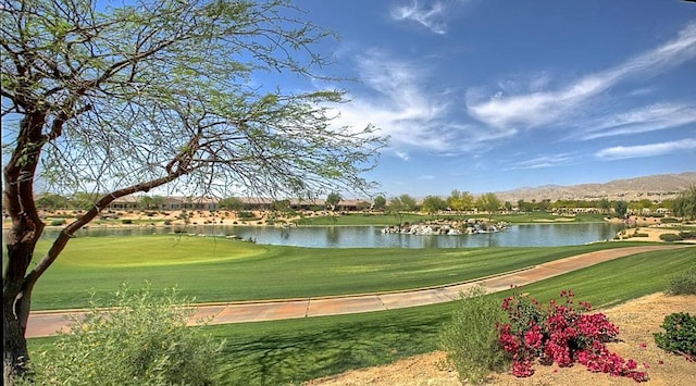 view of property's community with a water and mountain view and a yard