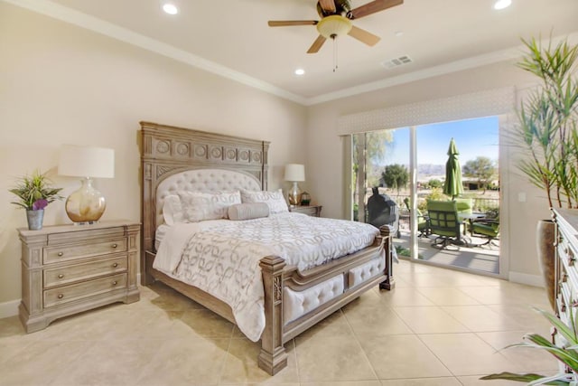 tiled bedroom featuring ceiling fan, ornamental molding, and access to exterior