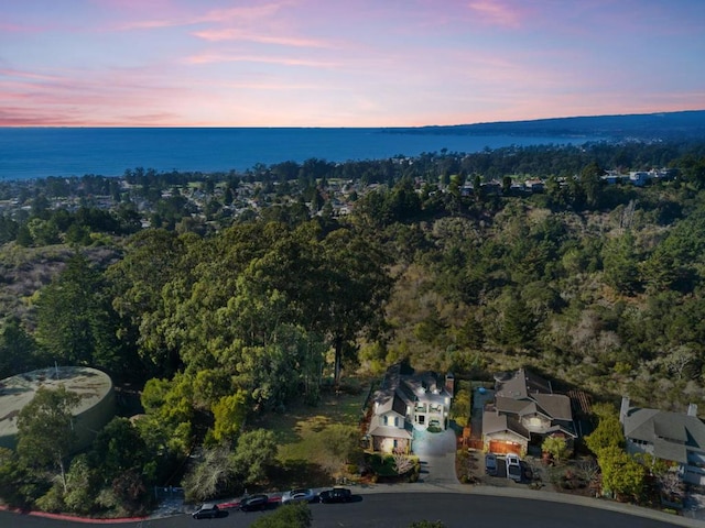 aerial view at dusk featuring a water view