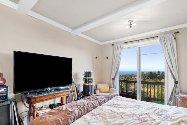 bedroom featuring beamed ceiling, crown molding, and access to outside