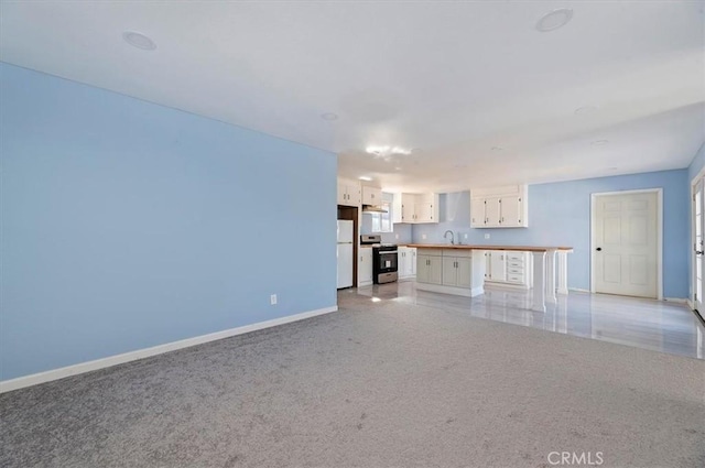 unfurnished living room with sink and light colored carpet