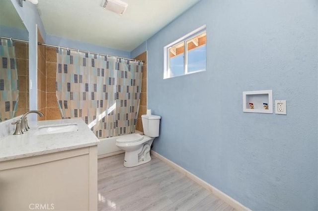 full bathroom with toilet, vanity, wood-type flooring, and shower / bathtub combination with curtain