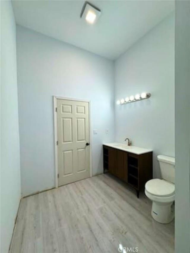 bathroom featuring toilet, vanity, and wood-type flooring