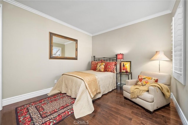 bedroom featuring crown molding and dark hardwood / wood-style floors