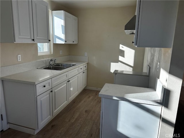 kitchen with sink, white cabinetry, and dark hardwood / wood-style flooring