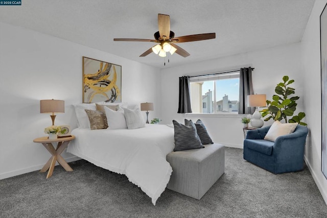 bedroom with ceiling fan and carpet flooring