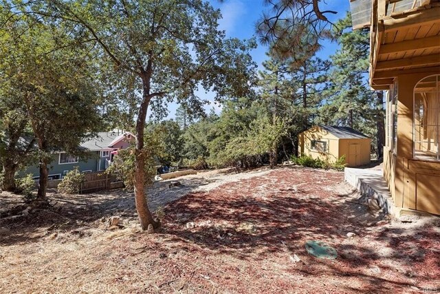 view of yard featuring a storage shed