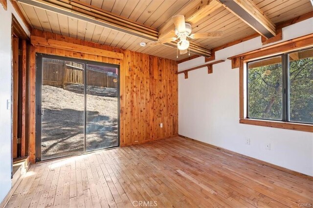 spare room with light wood-type flooring, wood ceiling, and wooden walls