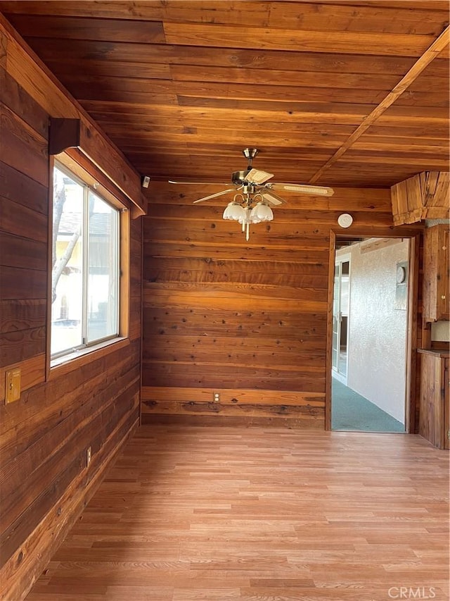 unfurnished room with wooden ceiling, light hardwood / wood-style flooring, wooden walls, and ceiling fan