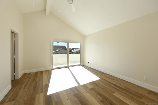 unfurnished room featuring high vaulted ceiling, beam ceiling, wood-type flooring, and ceiling fan