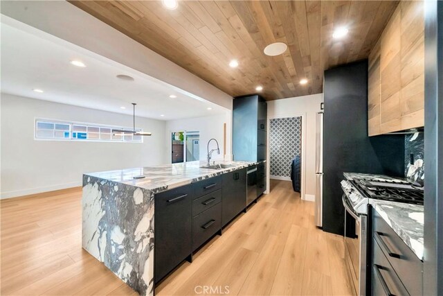 kitchen featuring a large island with sink, pendant lighting, decorative backsplash, appliances with stainless steel finishes, and wood ceiling