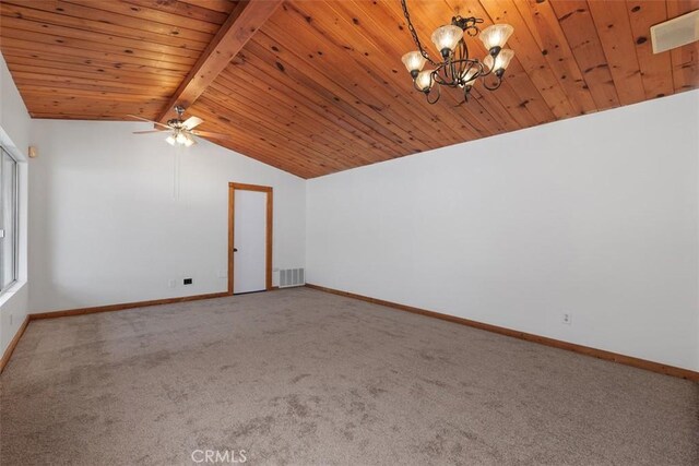 interior space featuring wood ceiling, carpet floors, and lofted ceiling with beams