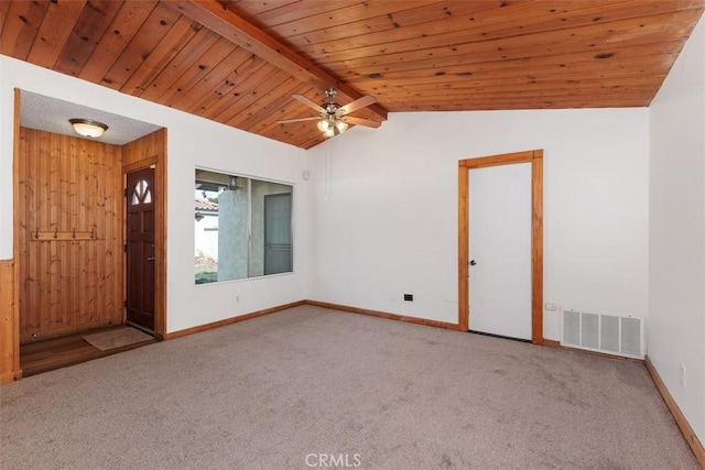 carpeted empty room featuring vaulted ceiling with beams, wood ceiling, ceiling fan, and wood walls