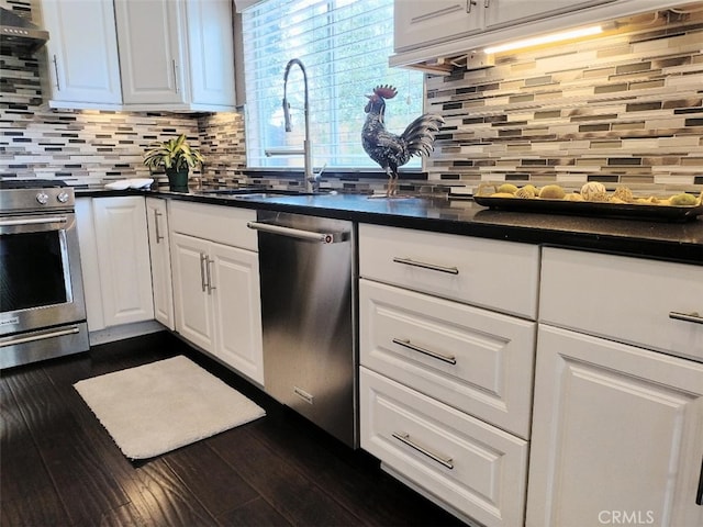 kitchen featuring exhaust hood, appliances with stainless steel finishes, tasteful backsplash, white cabinets, and sink