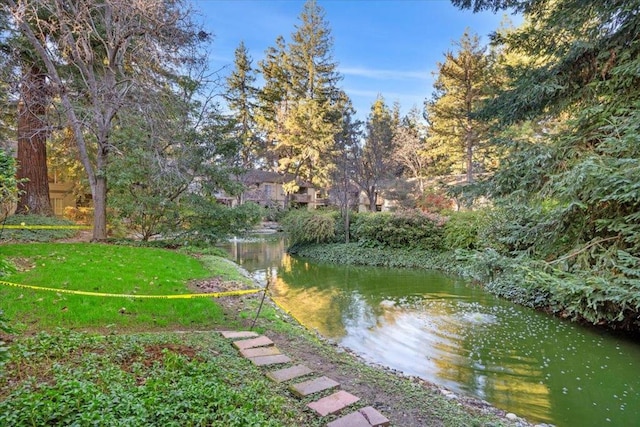 view of property's community featuring a water view and a yard