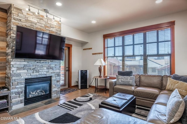 living room with a fireplace and light hardwood / wood-style flooring