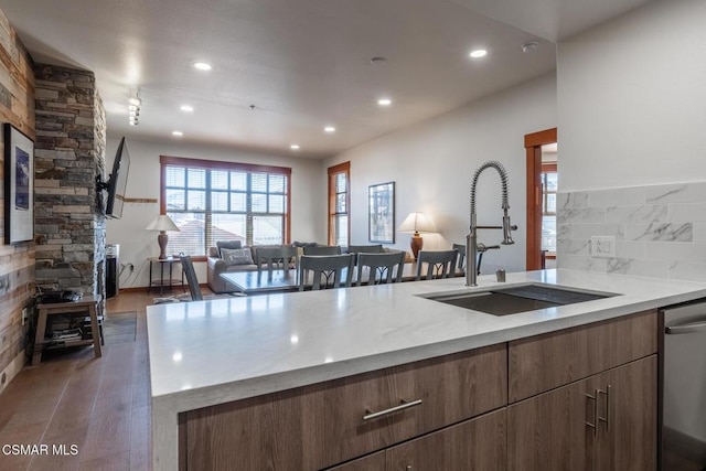 kitchen featuring backsplash, dishwasher, sink, and dark wood-type flooring