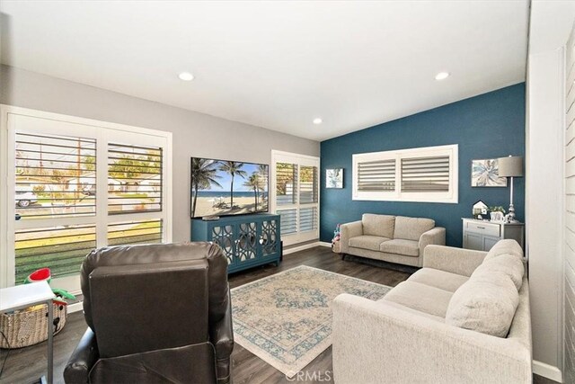 living room featuring lofted ceiling and dark wood-type flooring