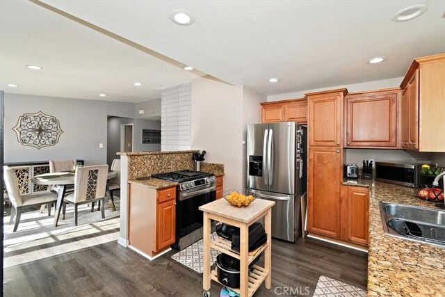 kitchen featuring light stone countertops, stainless steel appliances, dark hardwood / wood-style flooring, and sink