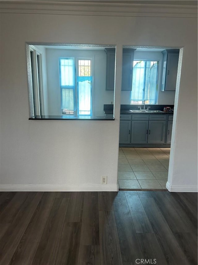 kitchen with wood-type flooring, sink, and ornamental molding