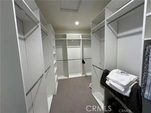 walk in closet with dark colored carpet