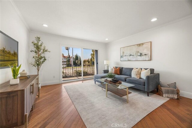 living room with wood-type flooring and crown molding