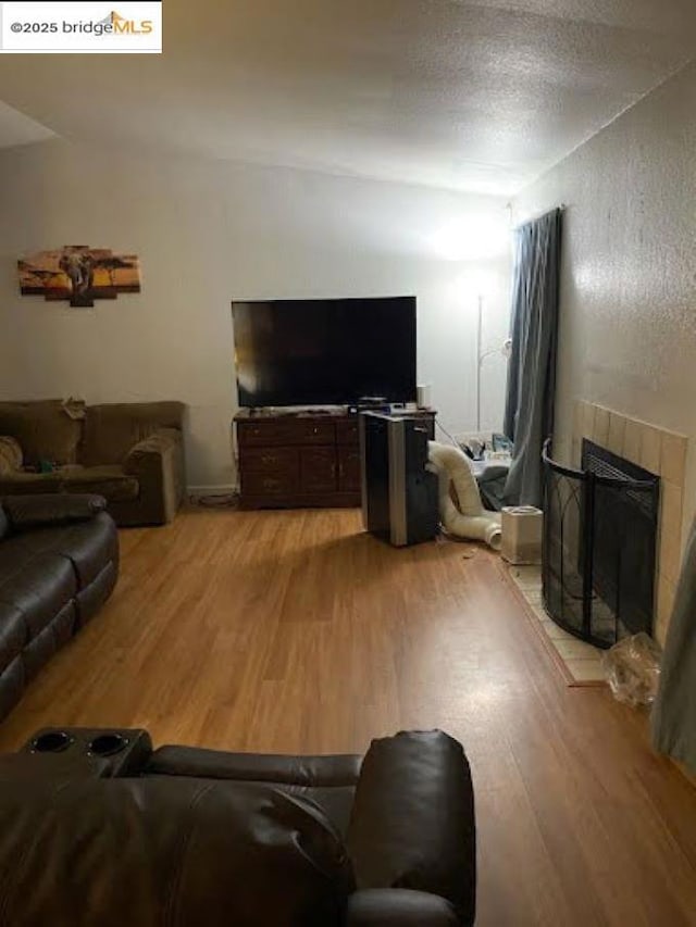 living room with a fireplace and light wood-type flooring