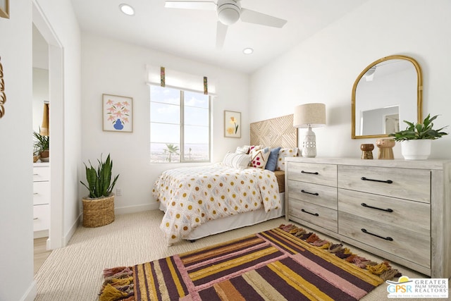 carpeted bedroom featuring ceiling fan