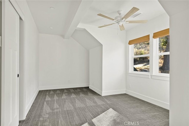 additional living space with carpet floors, vaulted ceiling with beams, and ceiling fan