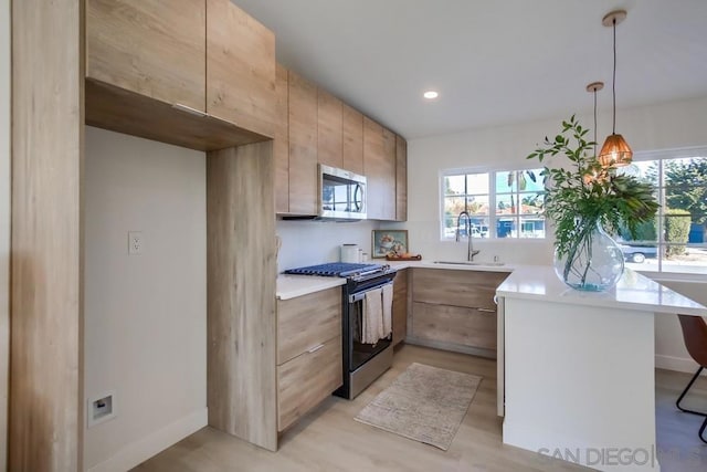 kitchen with pendant lighting, stainless steel appliances, light hardwood / wood-style floors, and sink